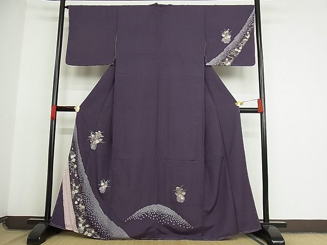平和屋-こころ店■訪問着　流水草花文　着丈164cm　裄丈67cm　洗える着物　未使用　1B-np465