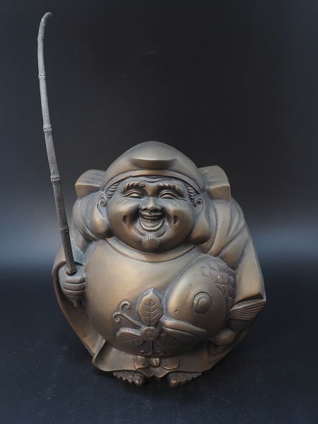 【結・歳末特別出品】時代物　経年保管品◆丸恵比寿銅置物　　一峰作　鋳銅製　重量5.3ｋｇ◆高岡銅器