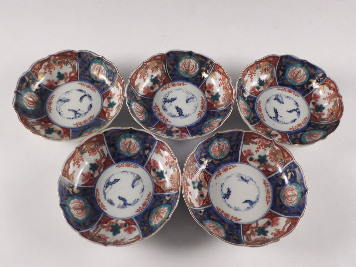 ○栄○古伊万里 色絵 窓絵 花草文 輪花 皿 5客 16cm 無傷完品 江戸元禄
