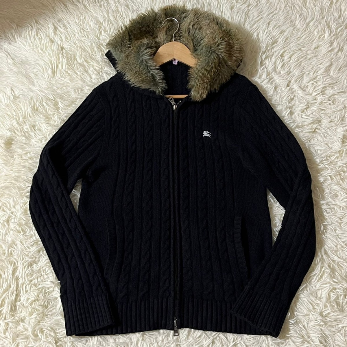 極美品/L○バーバリーブラックレーベル ボアファー ケーブル編み
