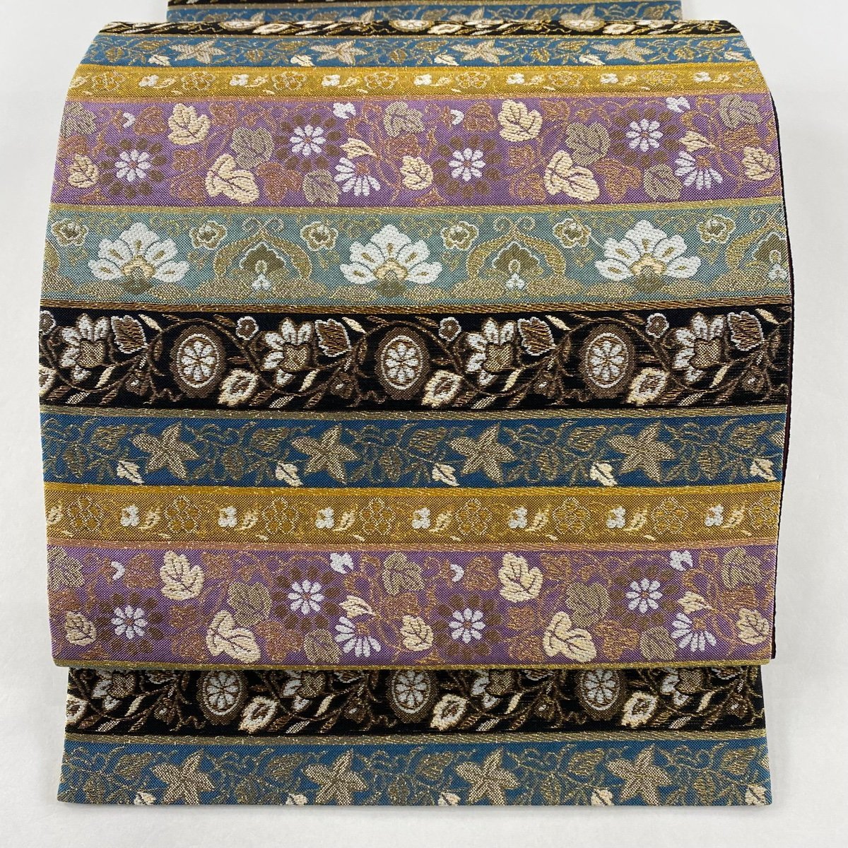袋帯 美品 秀品 向かい鳥 草花 刺繍 箔 金色 六通 正絹 【中古