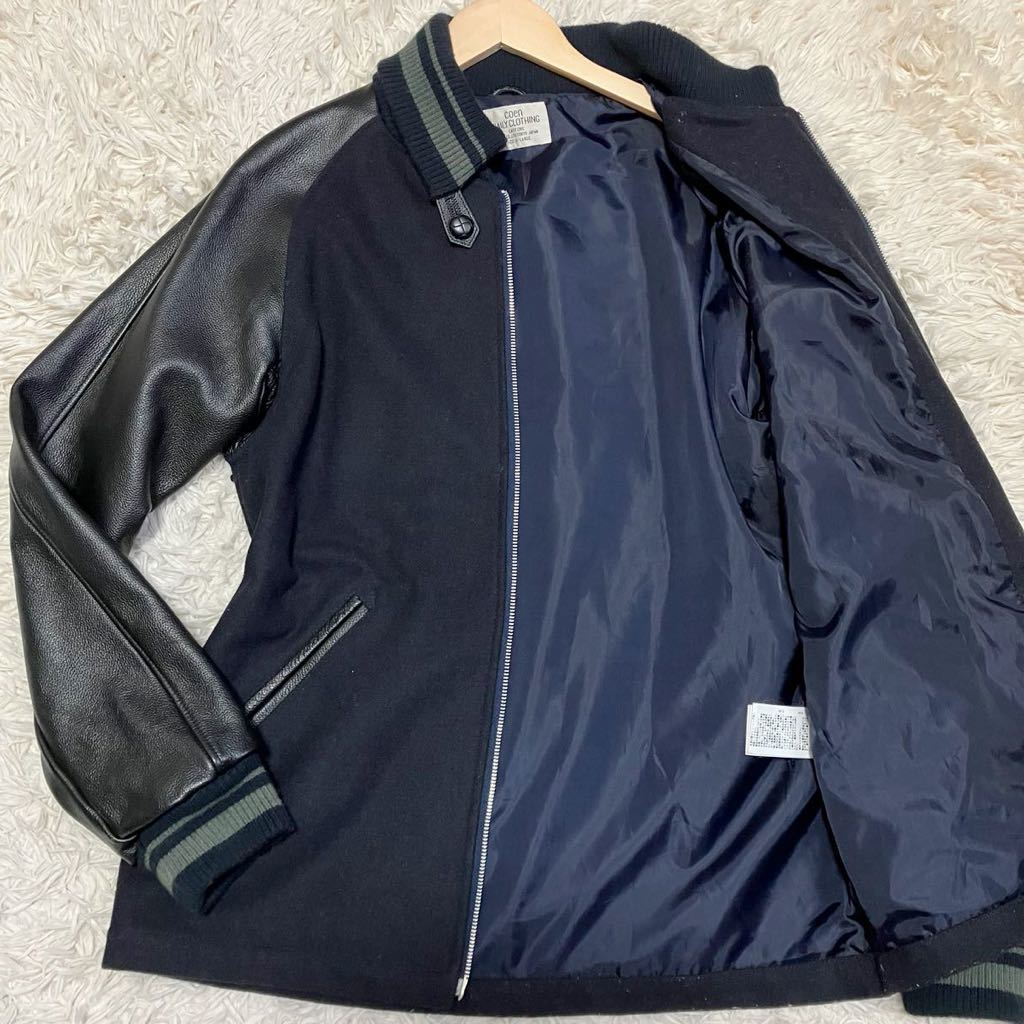 希少XL/ COEN [極上のレザー袖] スタジャン コーエン ドンキー襟 牛革袖 切り替え 肉厚 メルトンウール ブルゾン フルジップ メンズ 紺×黒