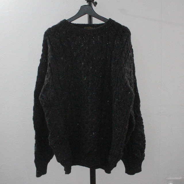 S35 90sビンテージ Riuen View ウールニットセーター■1990年代製 表記XLサイズ アランニット フィッシャーマン 黒 ブラック アメカジ