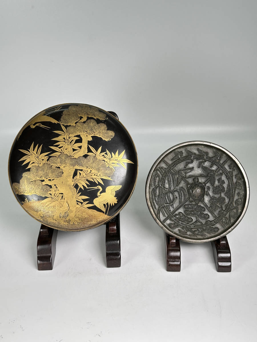 山岳洞流水鏡 共箱付 古銅鏡 古美術 文房具 飾り物 時代物 日本美術 古銅鏡 蓬莱鏡 松鶴亀図 和鏡 銅鏡 蒔絵時代共