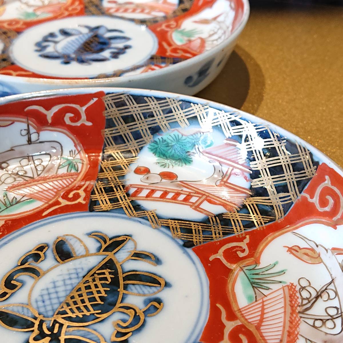A06-1214 古伊万里 金彩染錦 五寸皿 7客 極錦金彩古伊万里様式銘々皿揃