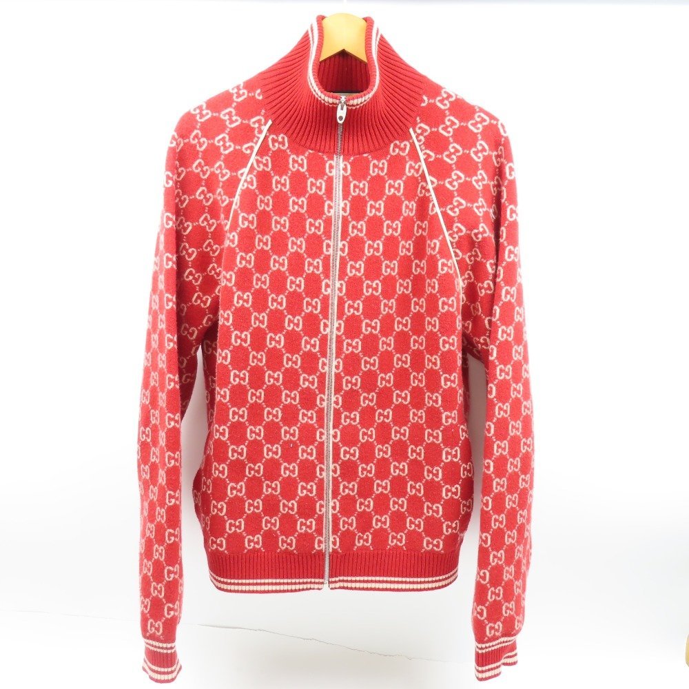 77912GUCCI グッチ 極美品 ジップアップアウター ブルゾン 防寒 GG柄 裏起毛 XL アウター ウール カシミヤ レッド