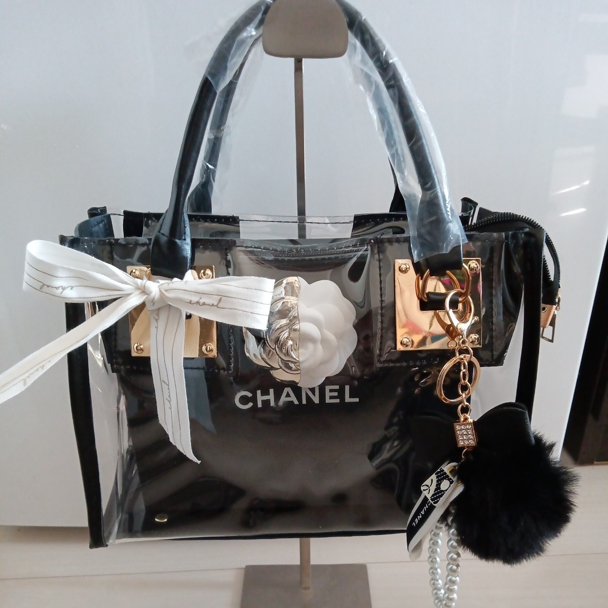 シャネルショップ袋 限定カメリア付き 新品クリアバッグ