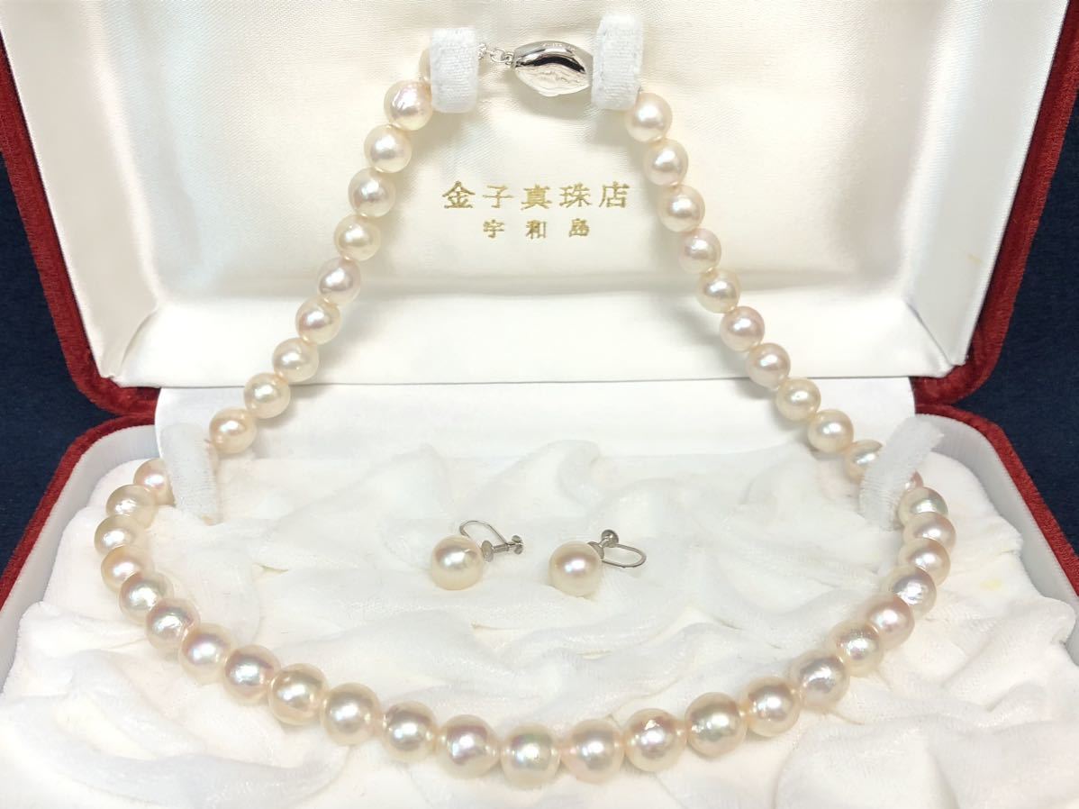 金子真珠 アコヤ真珠 ネックレス 44.5㎝ バロックパール 9-9.5mm イヤリング K14WG ピンクパール 真珠 宇和島 保管品 現状 ...