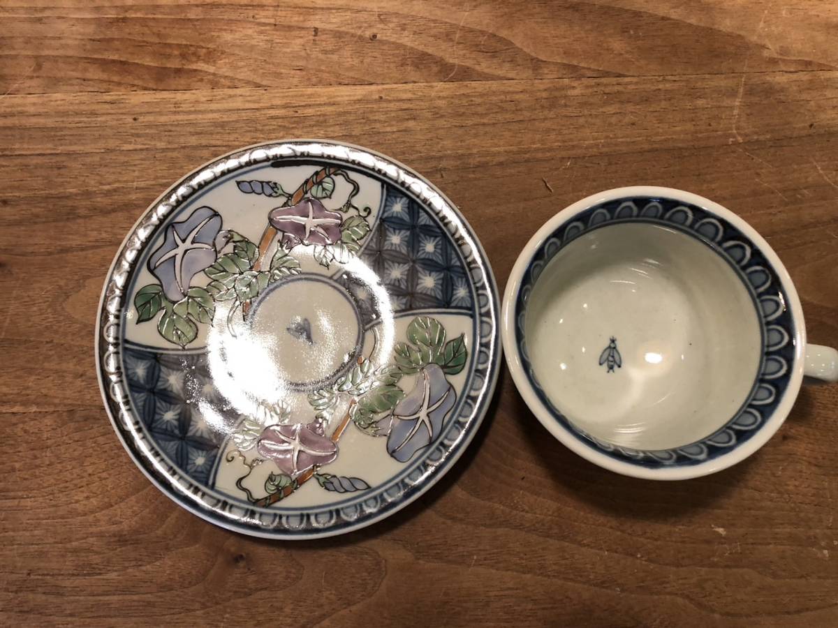 五代　佐藤走波　七十五才　染錦桜と朝顔文カップ＆ソーサー　コレクター放出品　訳有 佐藤走波 珈琲碗 カップアンドソーサー 希少 あさがお 染錦 有田焼