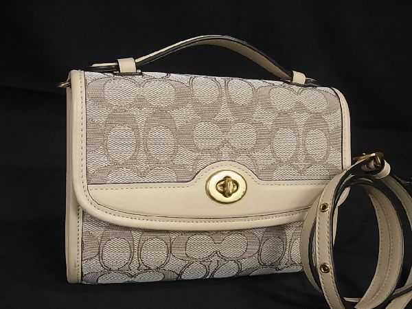 1円 ■極美品■ COACH コーチ C5365 シグネチャー ジャガード ターンロック 2WAY ハンドバッグ ショルダー ベージュ系 AT5048
