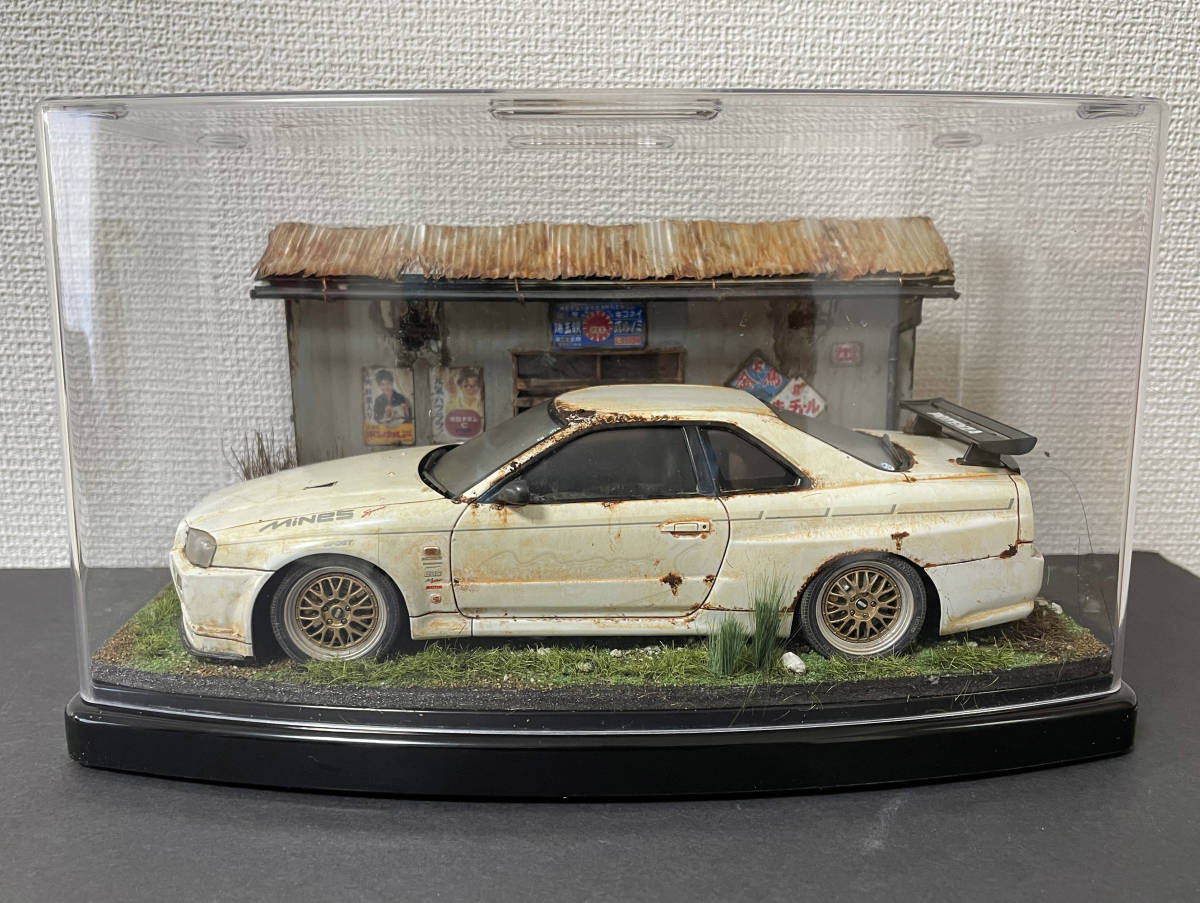 1/24 廃車ジオラマ スカイライン GT- R R34草ヒロ 旧車 ジオラマ 1/24 日産スカイラインR34 Mine's GTR 草ヒロ風景ジオラマ 自作完成品