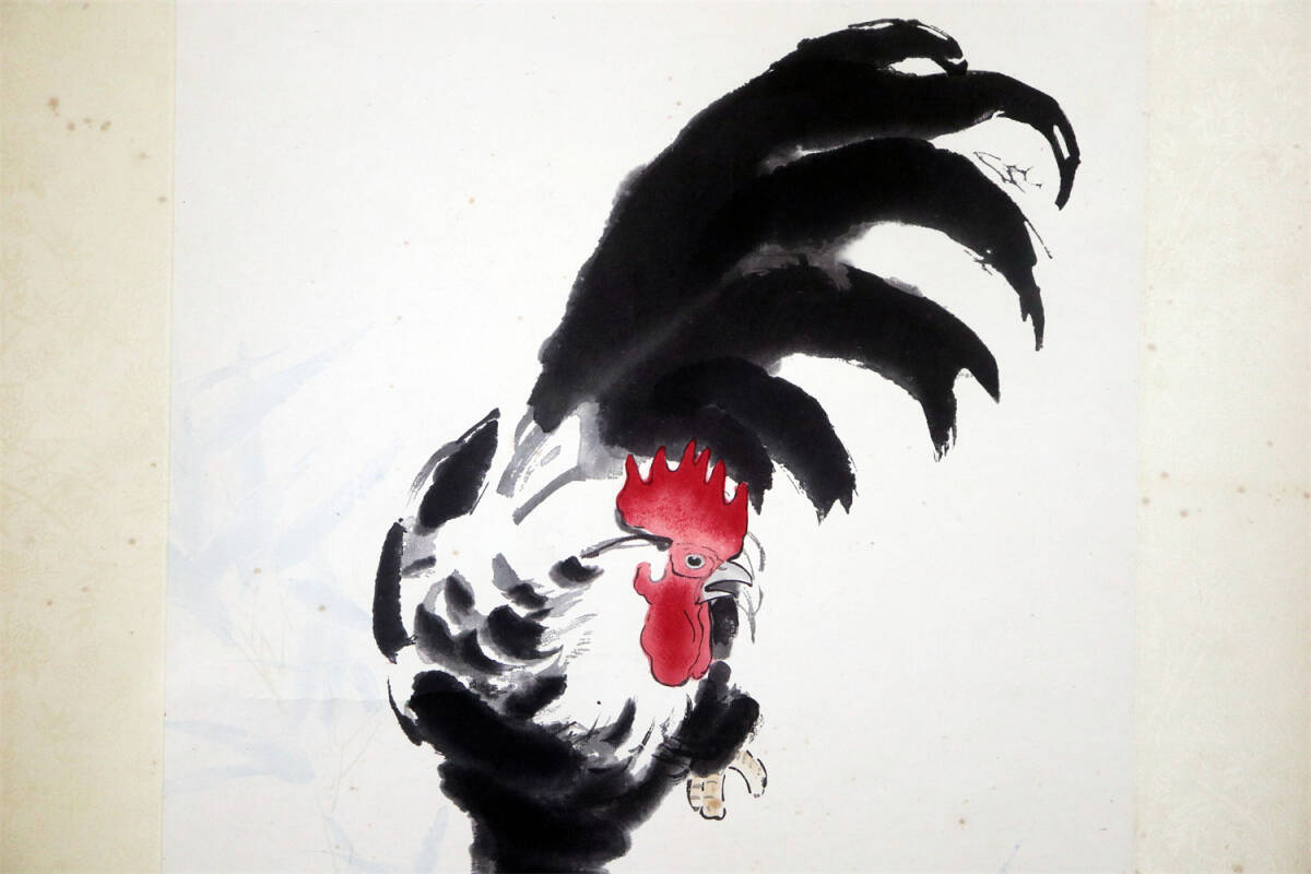 徐悲鴻 中国画家 晨鶏図 掛け軸 朶雲軒 木版水印 軸装 中国書画 紙本