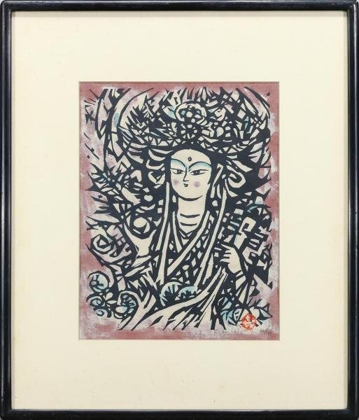 真作】【WISH】笹島喜平「弁財天」木版画 1963年作 直筆サイン 〇師