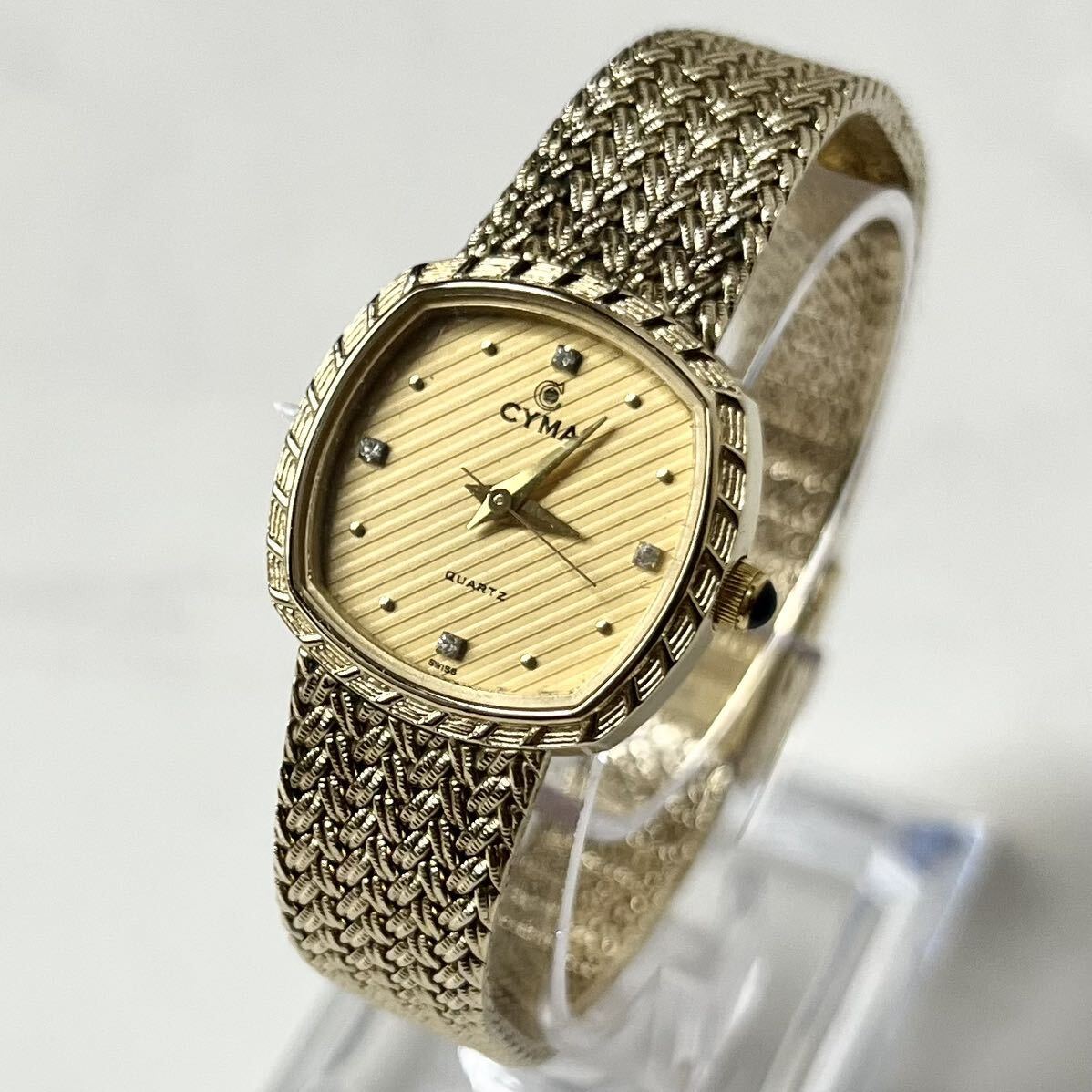 【実働】 CYMA シーマ 616s スクエア 腕時計 ウォッチ QZ クオーツ クォーツ 4Pダイヤモンド 編み込みベルト レディース ゴールド 稼働品_1