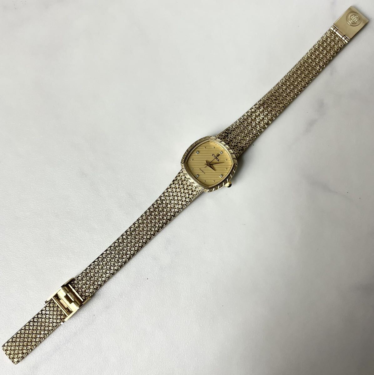 【実働】 CYMA シーマ 616s スクエア 腕時計 ウォッチ QZ クオーツ クォーツ 4Pダイヤモンド 編み込みベルト レディース ゴールド 稼働品_6