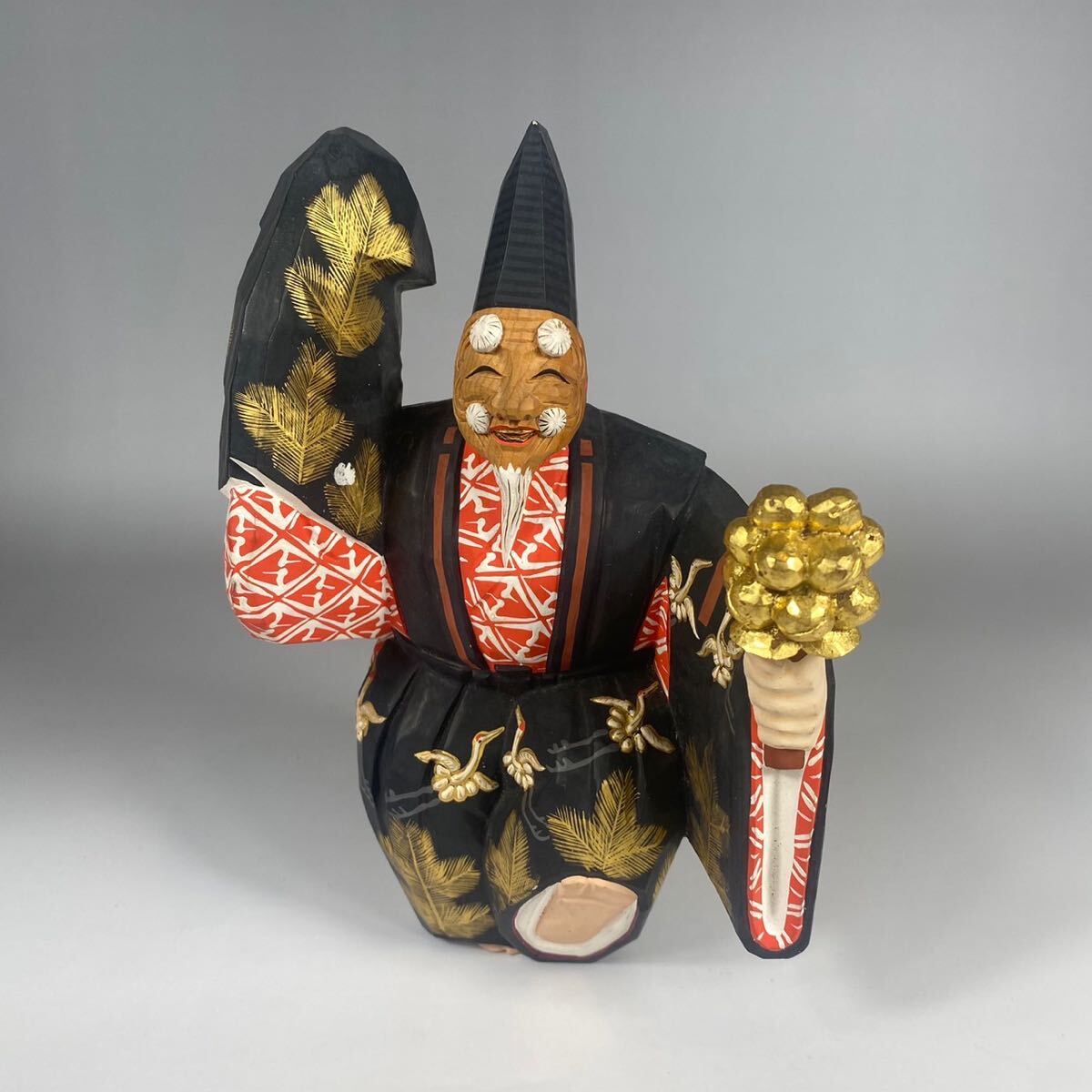 奈良人形師 染川宗進作 一刀彫彩色木彫『 三番 叟』置物 /日本美 術