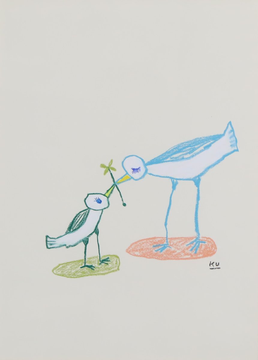 黒田征太郎 パステル画 肉筆 額装品 /クレパス クレヨン とり 鳥 絵本_1
