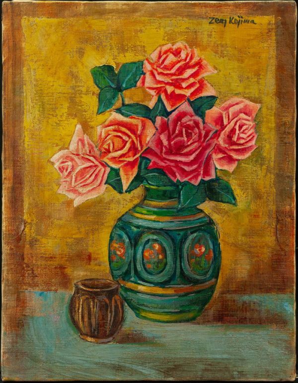 模写】児島善三郎『薔薇』油彩 手描き 表サイン 児嶋俊郎鑑定シール F6