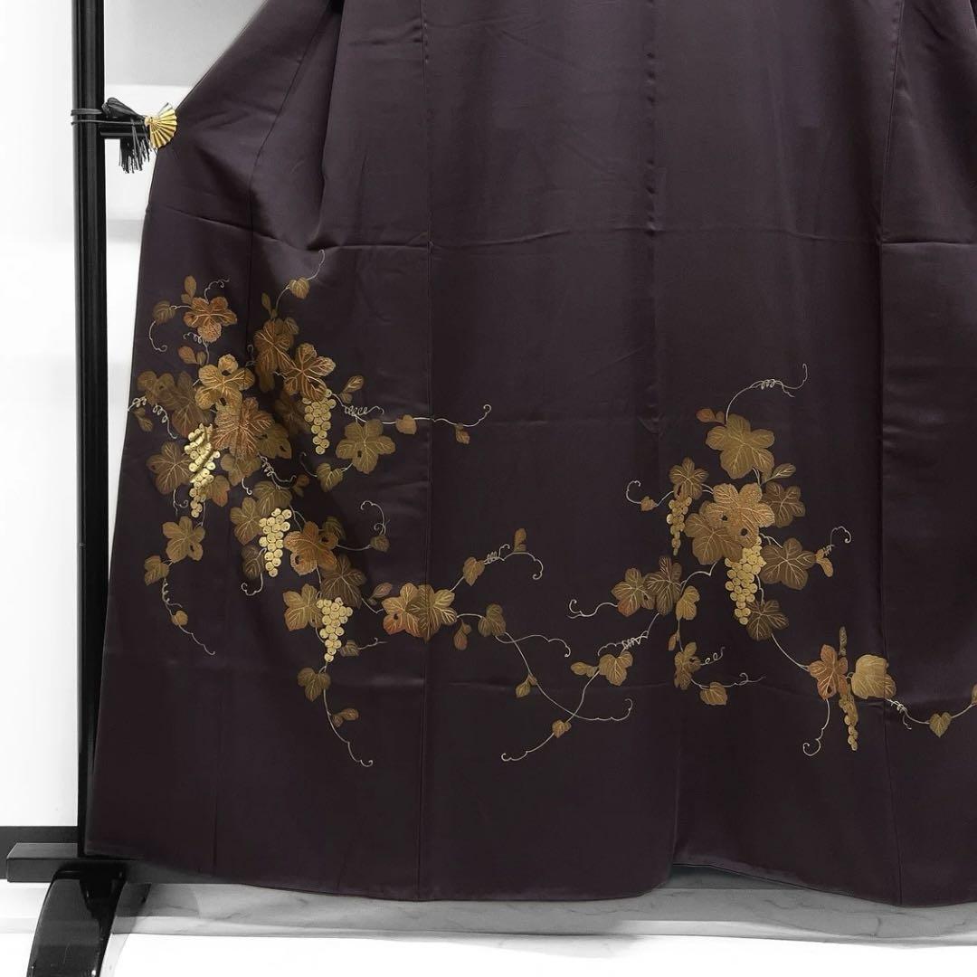 付け下げ 刺繍 金彩 金駒刺繍 葡萄 蔦 パープル 着物 085w d
