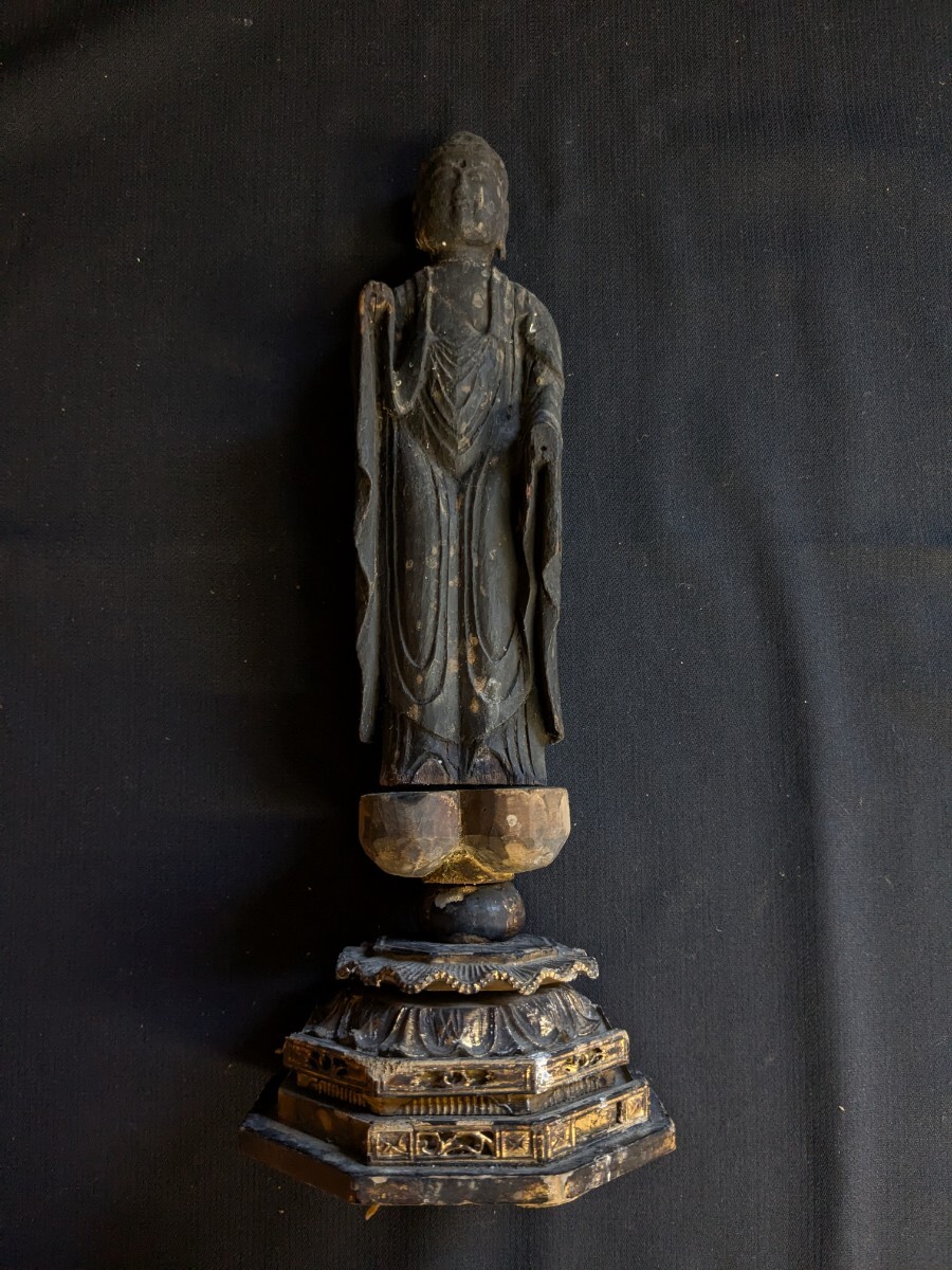金銅阿弥陀如来立像　仏像　厨子　骨董　アンティーク ジャンク品 時代物 木彫 仏像 阿弥陀如来 又は 釈迦如来立像 木製 厨子