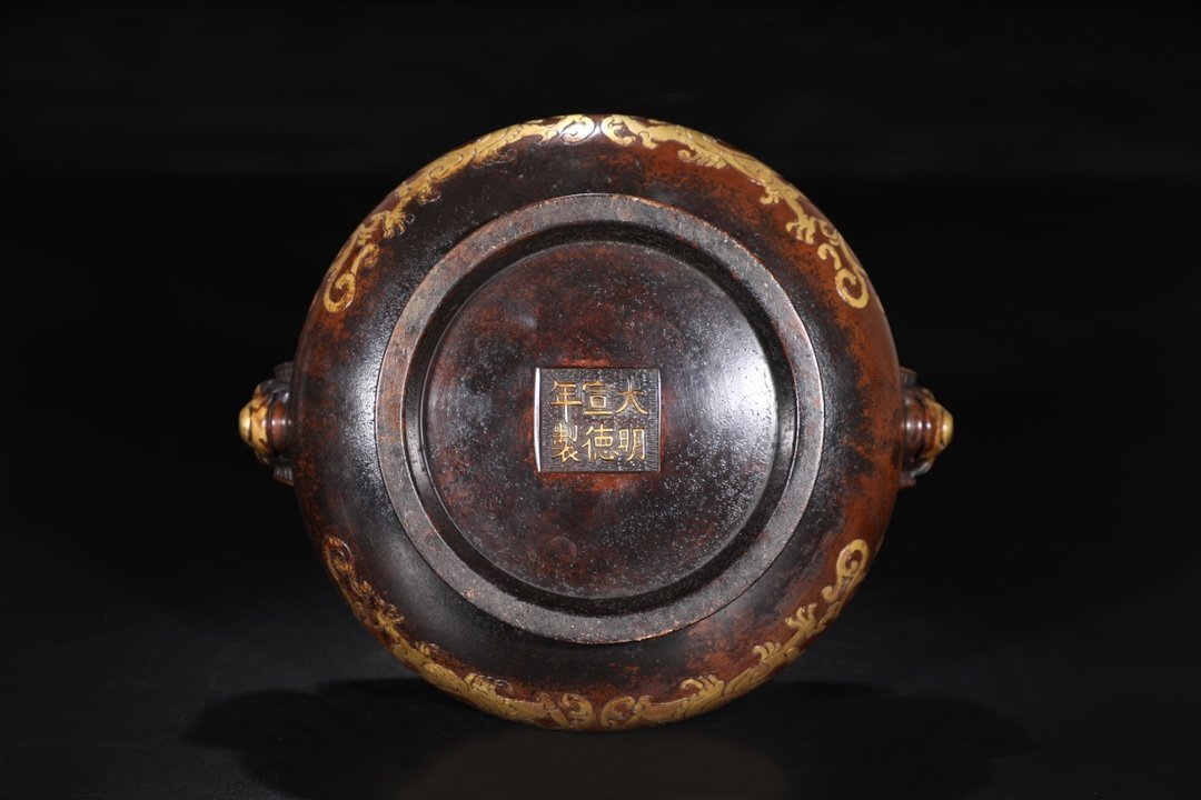 【安】明時代 大明宣徳年製 銅胎施金 双龍紋羊首耳香炉 極細工 古置物 古擺件 中国古美術 古美味 時代物 古董品 K209_7