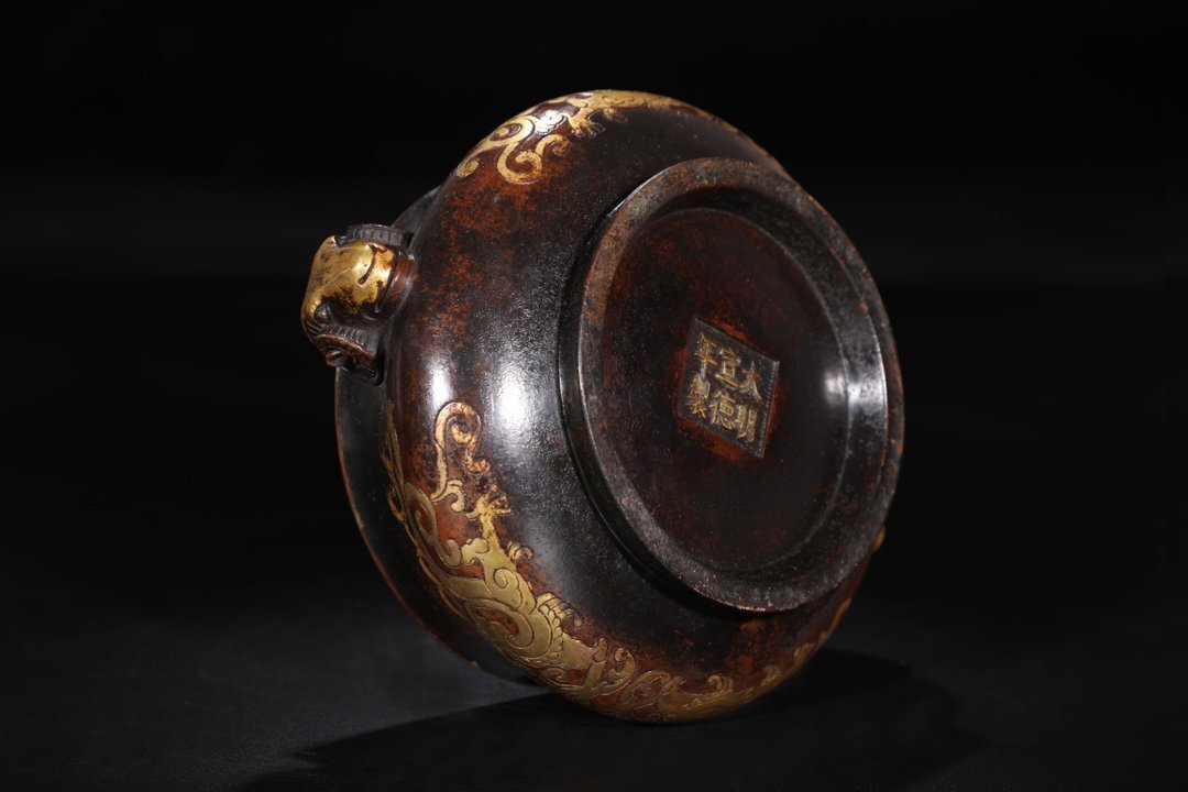 【安】明時代 大明宣徳年製 銅胎施金 双龍紋羊首耳香炉 極細工 古置物 古擺件 中国古美術 古美味 時代物 古董品 K209_8