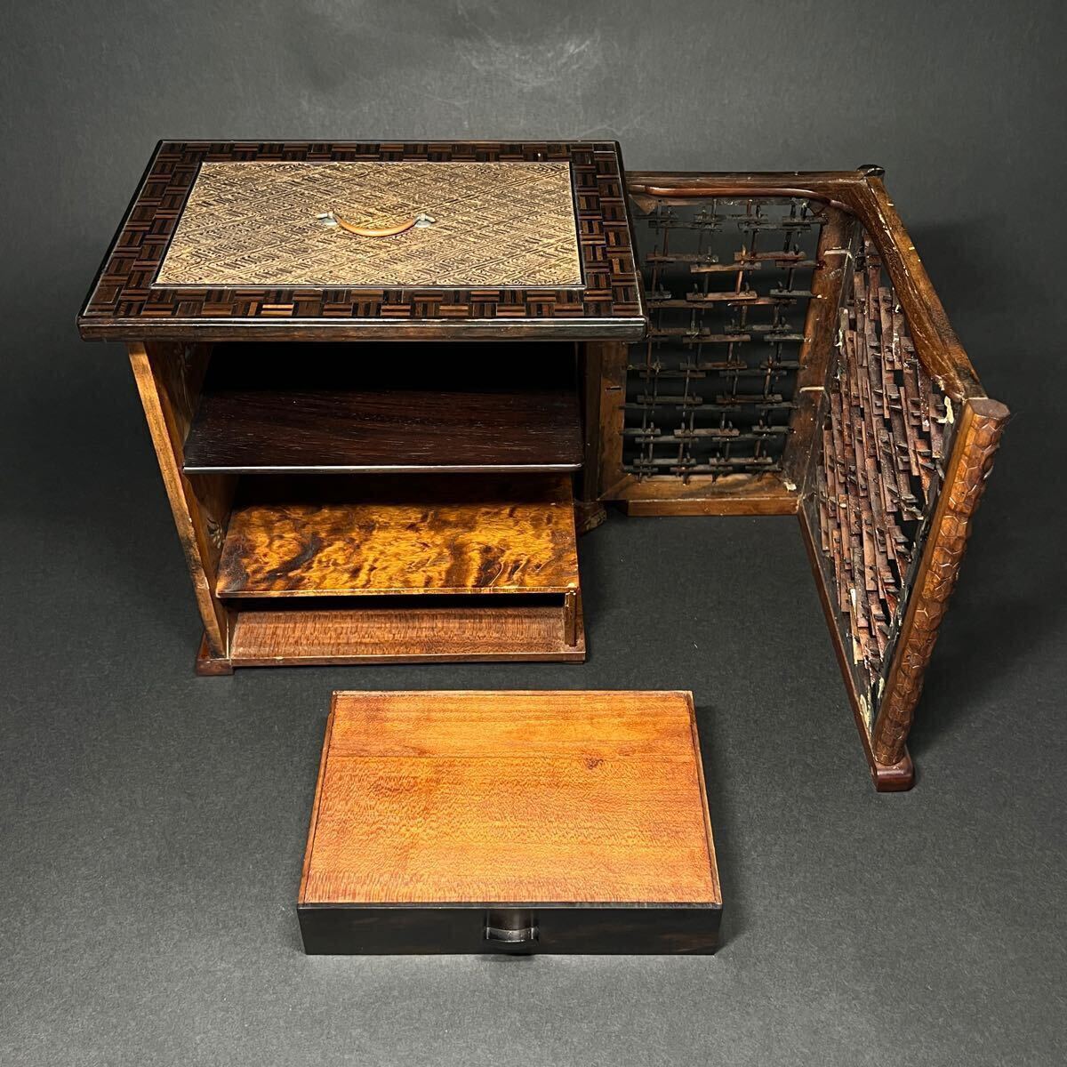 飾棚　唐木製　細工透彫　唐物　 茶箱　煎茶棚　 煎茶器局　煎茶道具　小箪笥　時代物　 _7