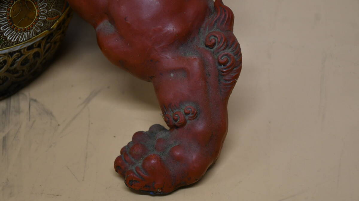 YY12-35 九谷焼 31cm 10kg 獅子 赤獅子 骨董 縁起物 魔除け 置物 九谷
