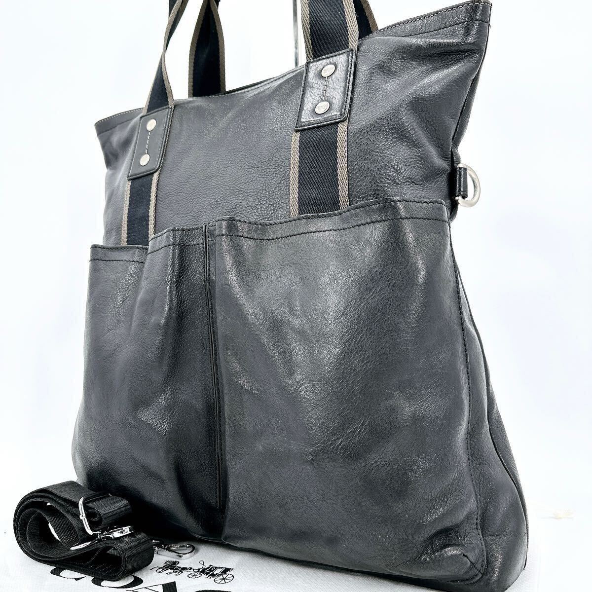 COACH トートバッグ 2way ビジネス A4 ブラック レザー 美品 美品/大容量○COACH コーチ トートバッグ 2way A4◎PC◎ 斜めがけ