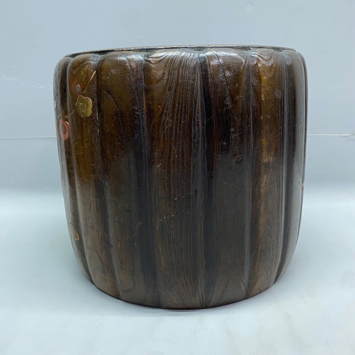 Y□昭和レトロ□① 木製 火鉢 灰入り 梅 松 螺鈿細工 蒔絵 ？ 丸火鉢 