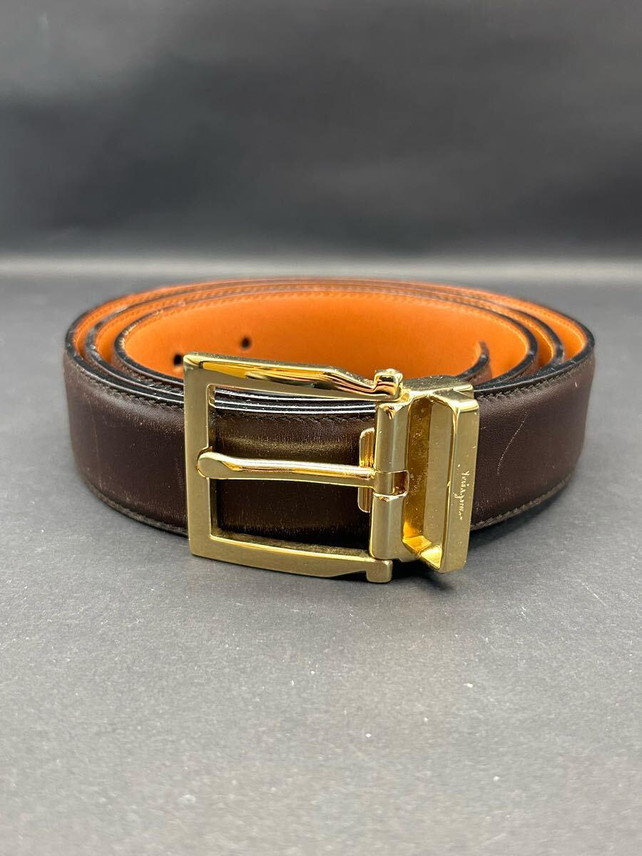 ★1円スタート Salvatore Ferragamo レザーベルト 本革 メンズベルト ブラウン 【フェラガモ】115 イタリア製