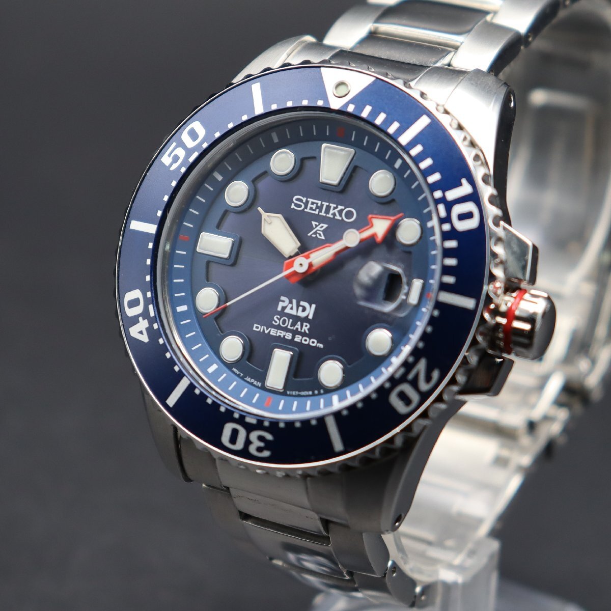 良品 限定品 SEIKO セイコー プロスペックス PADIコラボ ダイバー 200M防水 V157-0BT0 ソーラー ネイビー 波マーク デイト 箱付 メンズ_1