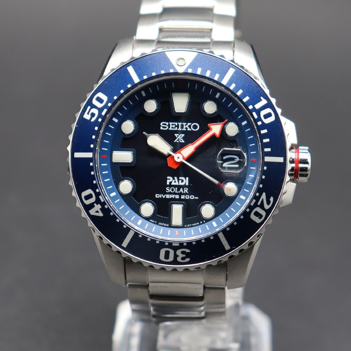 良品 限定品 SEIKO セイコー プロスペックス PADIコラボ ダイバー 200M防水 V157-0BT0 ソーラー ネイビー 波マーク デイト 箱付 メンズ_3