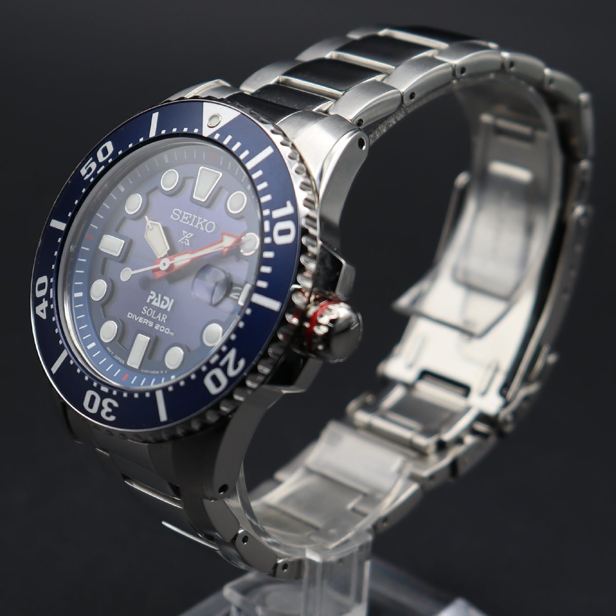 良品 限定品 SEIKO セイコー プロスペックス PADIコラボ ダイバー 200M防水 V157-0BT0 ソーラー ネイビー 波マーク デイト 箱付 メンズ_4