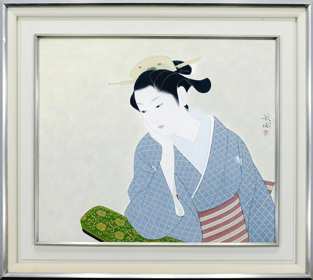 真作】【WISH】有賀義衛「夕」日本画 10号 共シール 和美人 〇日本画家