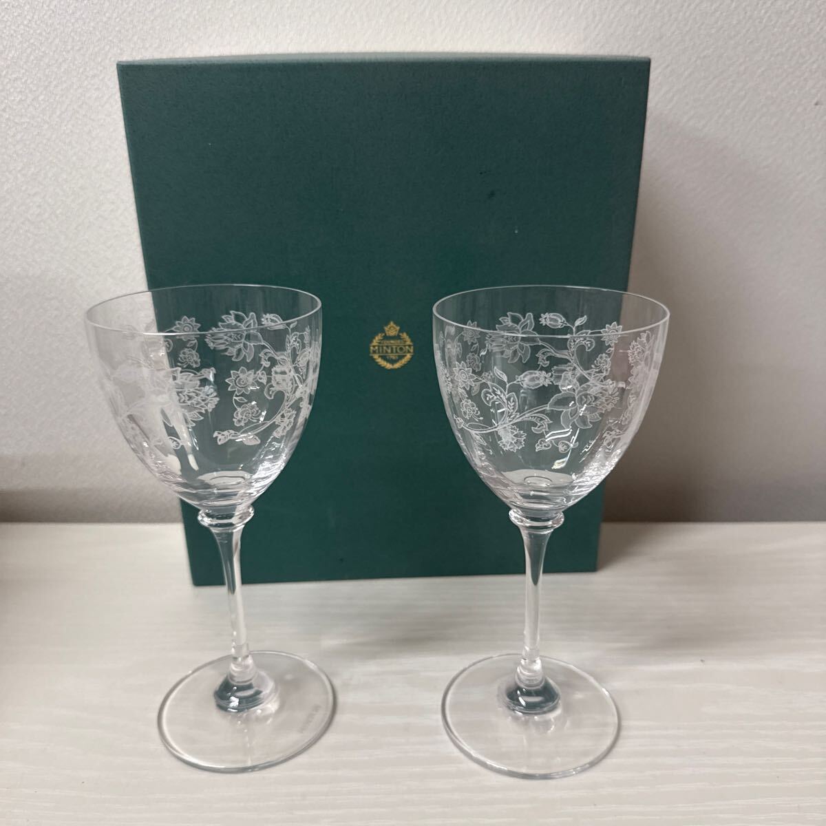 ● MINTON ミントン ワイングラス ペア グラス 2客セット 洋食器 花柄 クリスタル イギリス 未使用品 ●_1