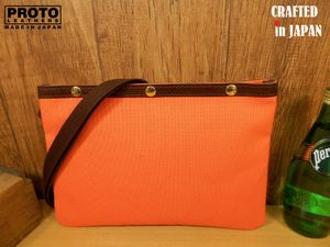ハンドメイド!鮮やかオレンジ帆布×ヌメ牛革のサコッシュ日本製ショルダーバッグ軽量レザ