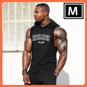 メンズ フード付きタンクトップ ノースリーブ ブラック 筋トレ ウェア M