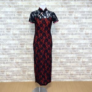 1円チャイナドレス【ネコポス可】 ロングワンピース M 黒柄中生地赤 カラードレス キャバ