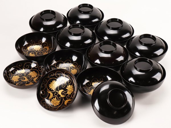 流】木製漆器 黒塗 見返唐草花蒔絵吸物椀十客 箱付 DK569(椀)｜売買