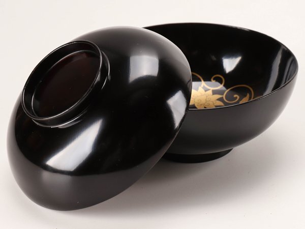 流】木製漆器 黒塗 見返唐草花蒔絵吸物椀十客 箱付 DK569(椀)｜売買