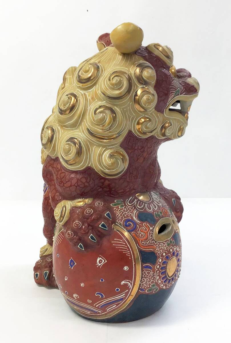 九谷焼 玉乗り獅子 横幅約20㎝ 高さ約25㎝ 赤 金彩 色絵 玉獅子