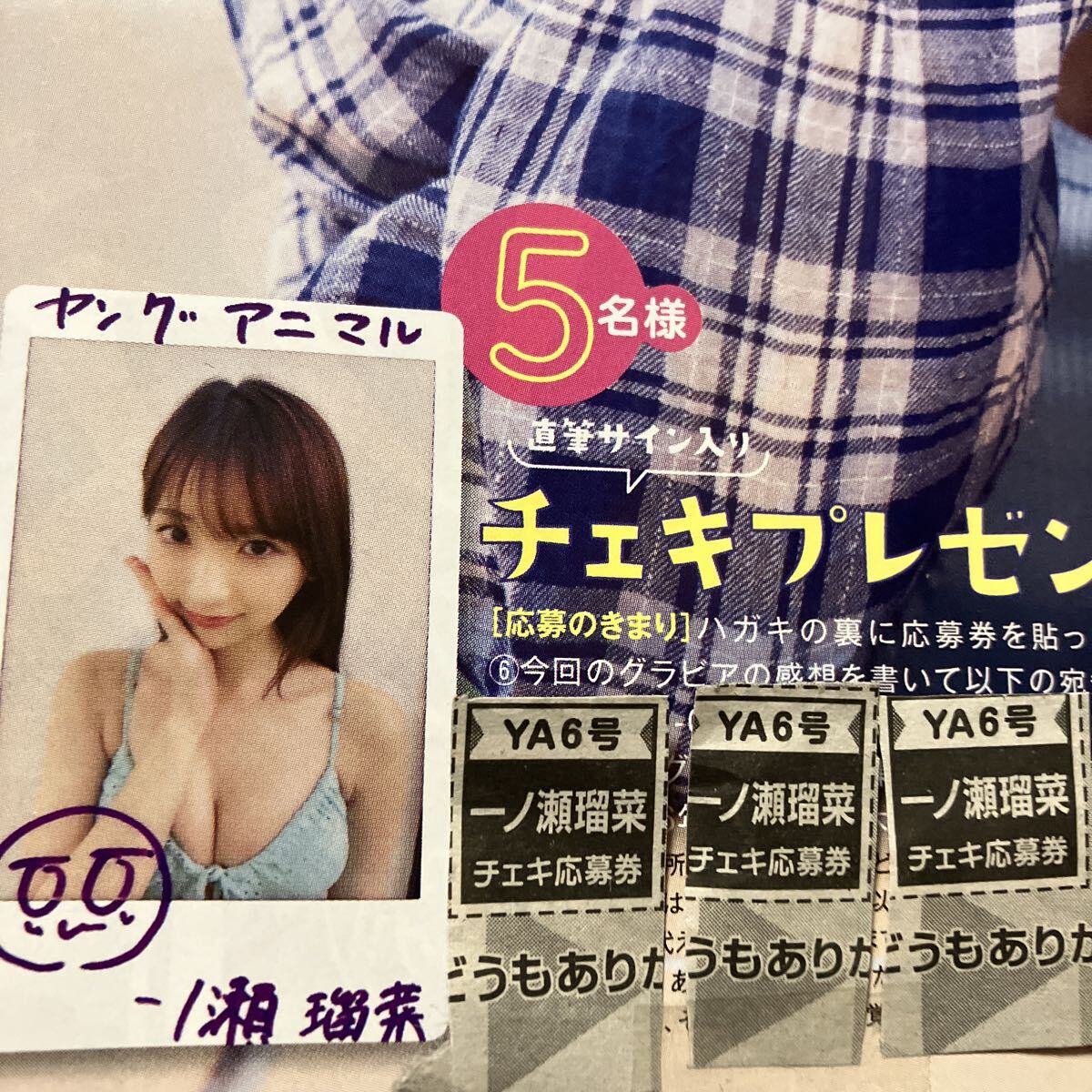 ヤングアニマル 一ノ瀬瑠菜 直筆サイン入りチェキ プレゼント応募券3