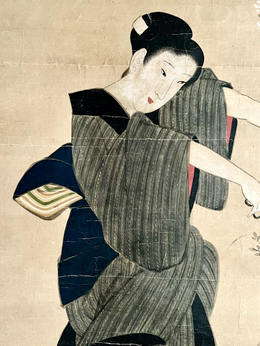 真作】【仙】喜多川歌麿「美人花切之図」紙本 肉筆 合箱 二重箱 香雲