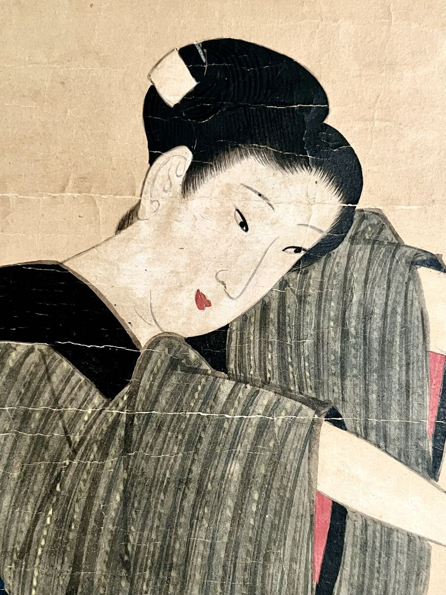真作】【仙】喜多川歌麿「美人花切之図」紙本 肉筆 合箱 二重箱 香雲