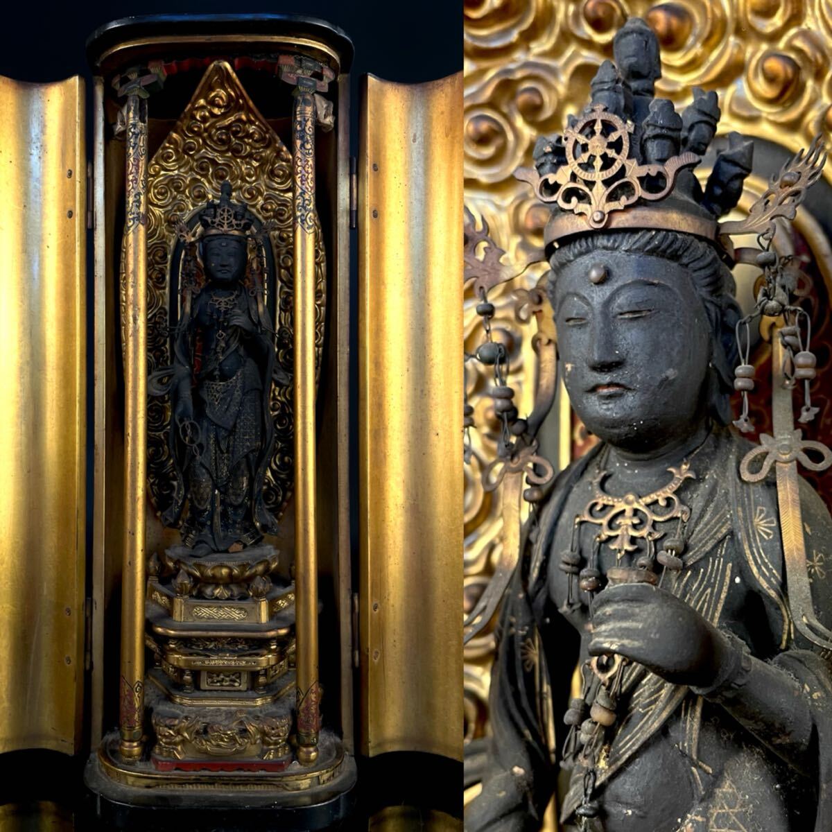 寺院買取品 仏教美術 江戸期 木造 十一面観音立像 玉眼 木彫 彩色厨子