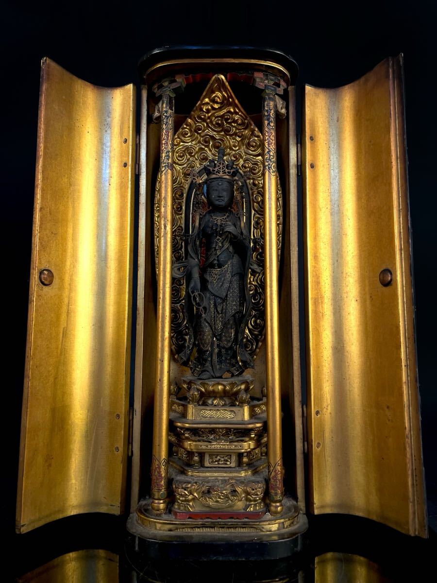 寺院買取品 仏教美術 江戸期 木造 十一面観音立像 玉眼 木彫 彩色厨子