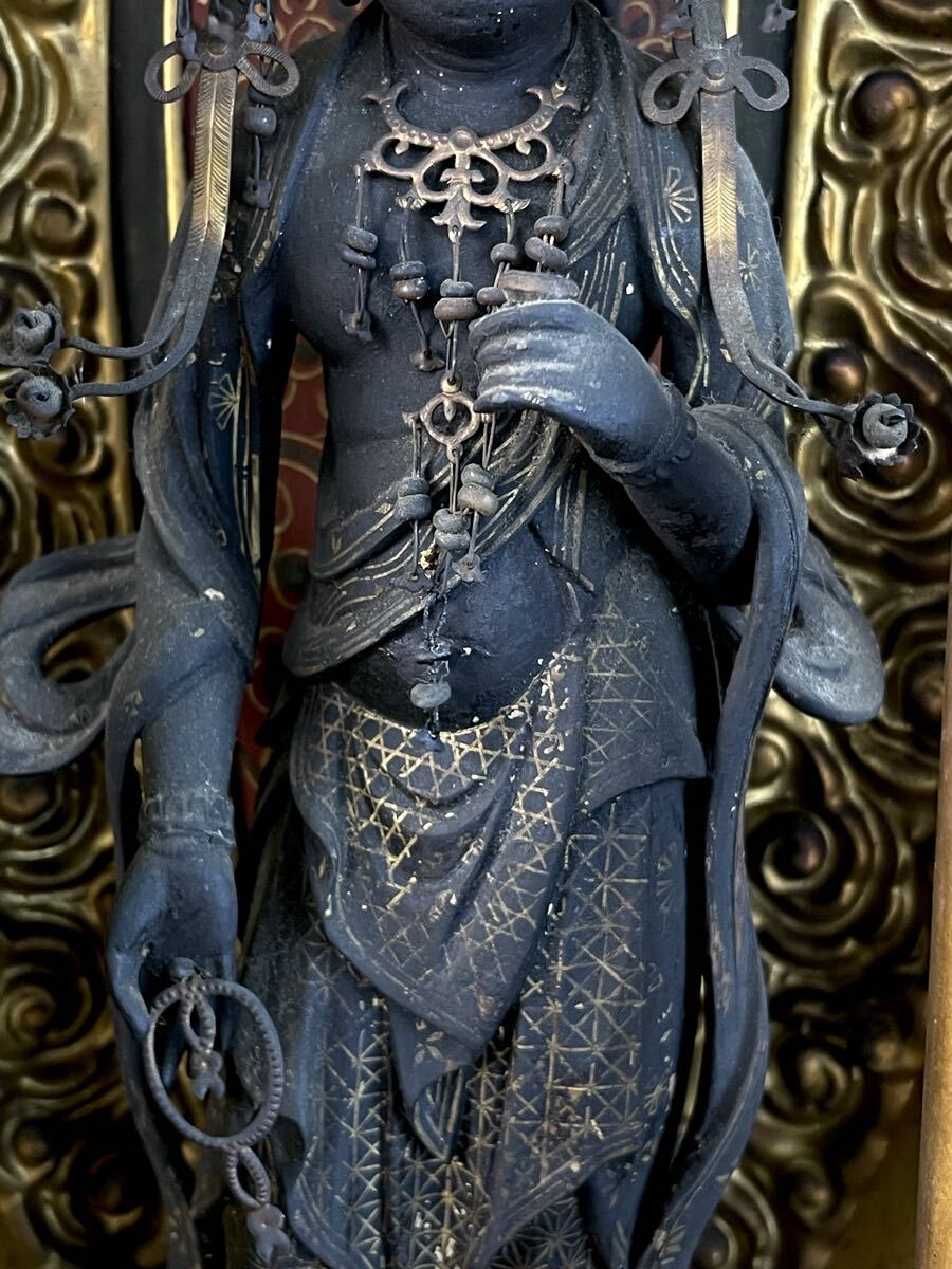寺院買取品 仏教美術 江戸期 木造 十一面観音立像 玉眼 木彫 彩色厨子