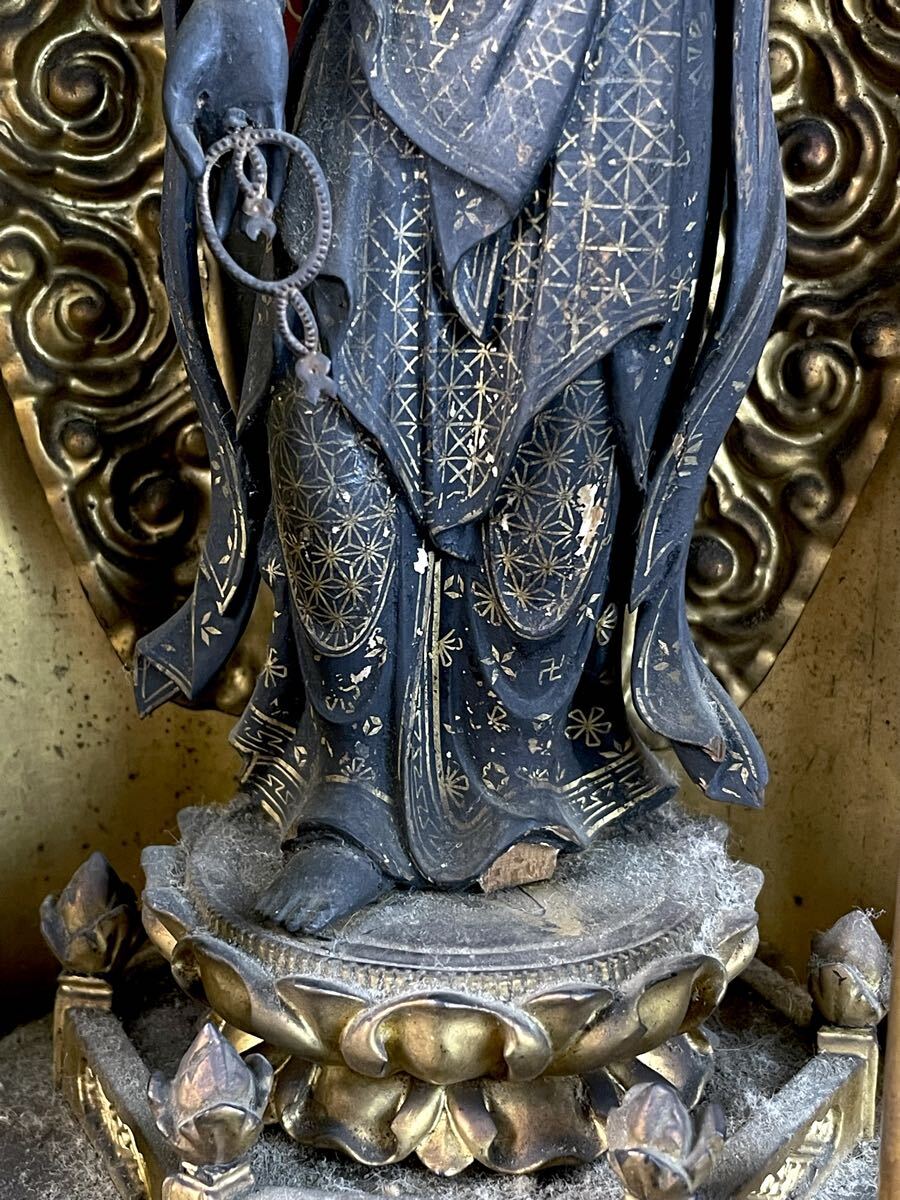 寺院買取品 仏教美術 江戸期 木造 十一面観音立像 玉眼 木彫 彩色厨子