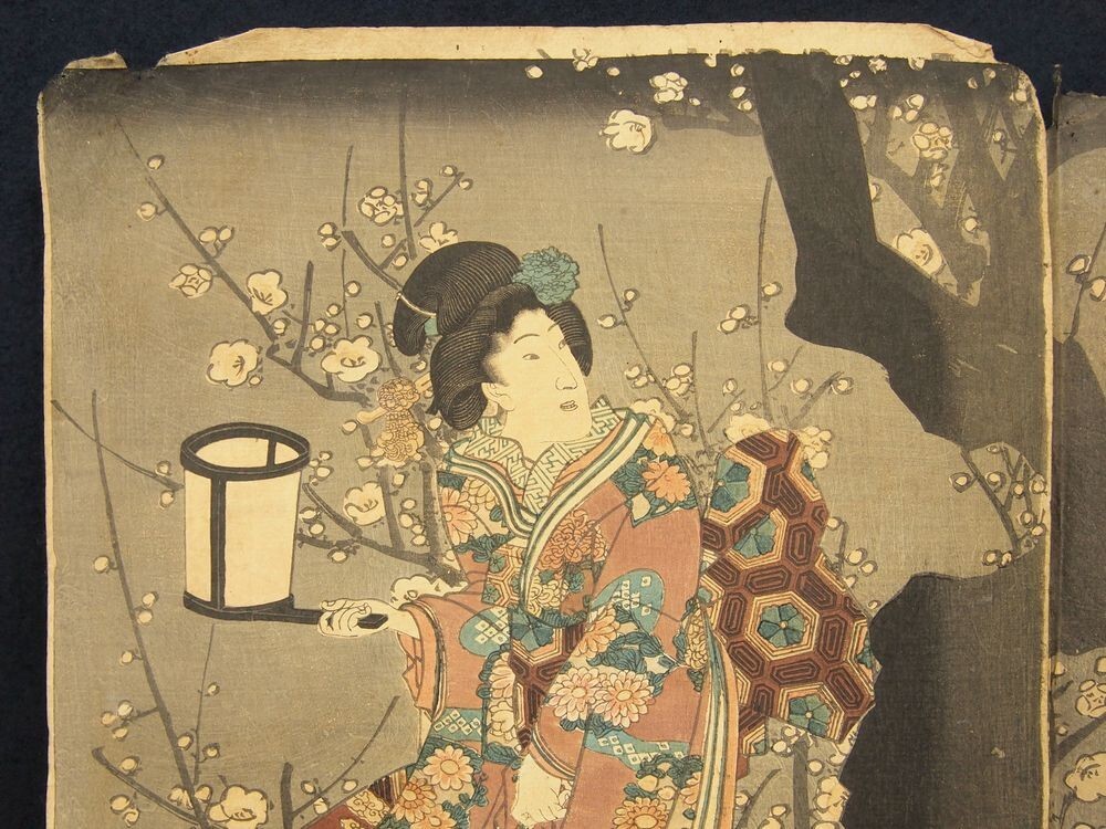浮世絵　二代歌川豊国　美人画　木版画　二枚続 真作 浮世絵 木版画 歌川豊国『梅鑑』 美人図 3枚続 大判 錦絵 美人画